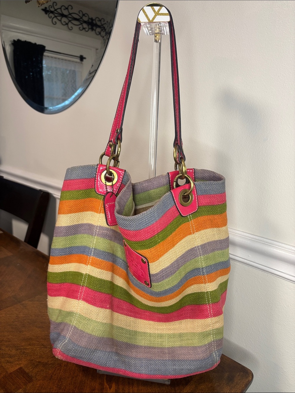 Coach HTF Legacy Striped Multicolor Woven Tote Bag with Pink Patent Leather Trim - Picture 2 of 16